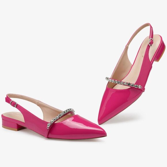 Women Hot Pink Polyurethane (PU) Rhinestone Pointed Toe Slingback Flats Shoes - Picture 3 of 9